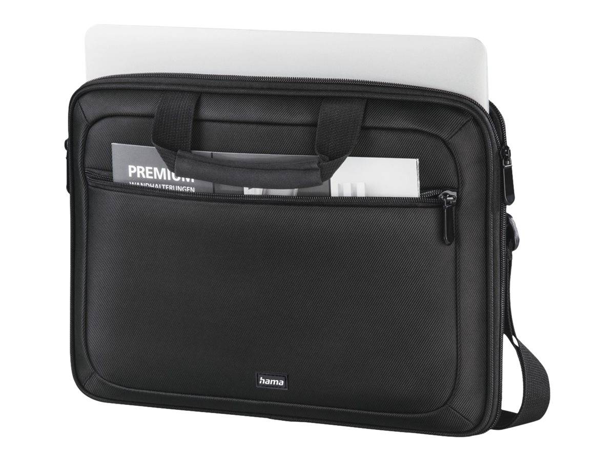 Schwarze Laptop-Transporttasche mit Griff, Schultergurt und vorderer Reißverschlusstasche, die einen teilweise sichtbaren silbernen Laptop oben hält.
