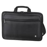 Schwarze Laptop-Aktentasche mit Tragegriff oben, vorderer Reißverschlusstasche und Schultergurt auf weißem Hintergrund.
