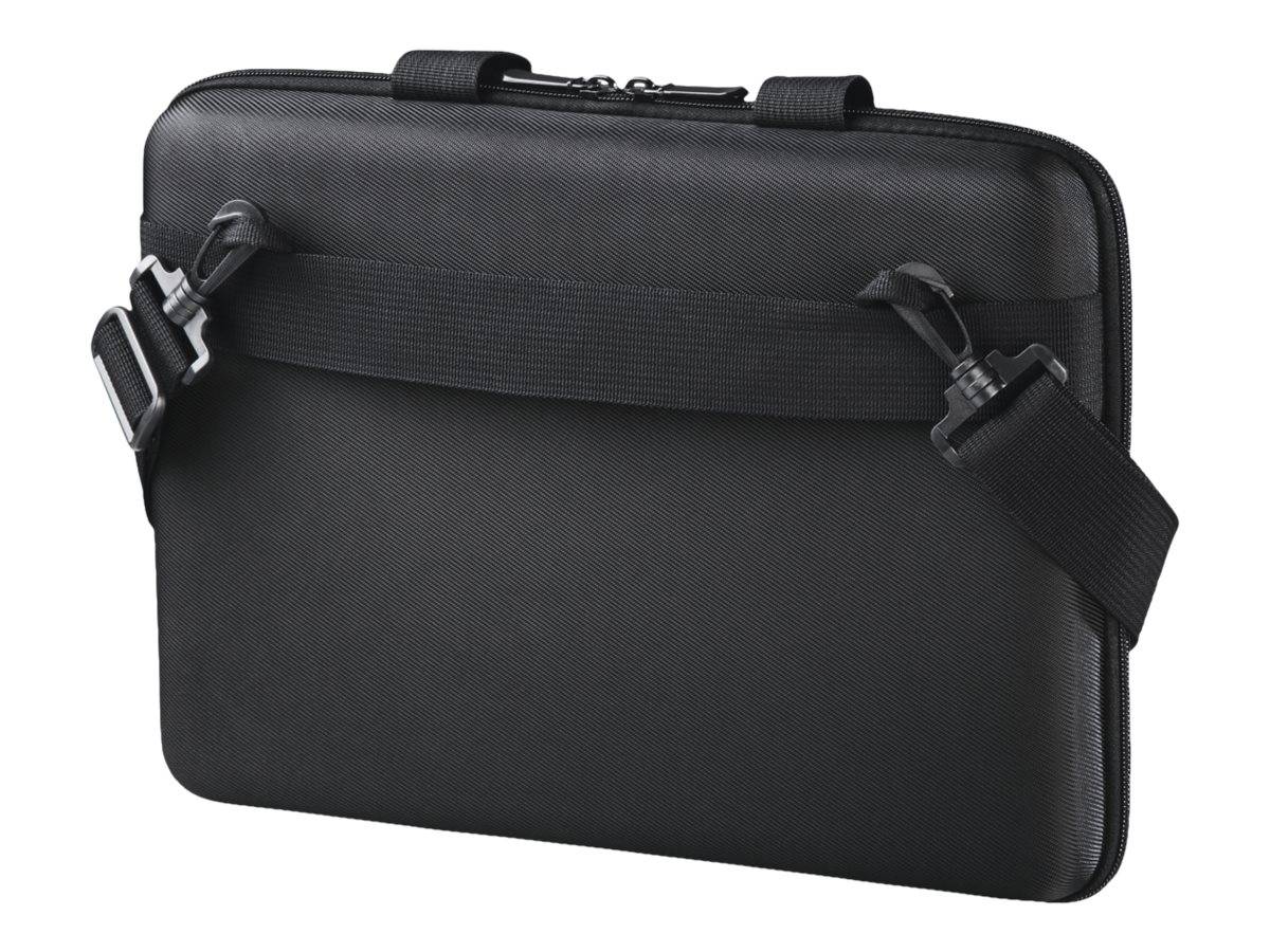 Schwarze Laptop-Aktentasche oder Tablet-Tasche mit Reißverschluss, Tragegriff oben und Schultergurt-Clips auf weißem Hintergrund.