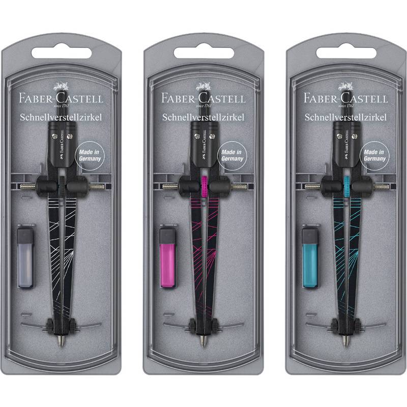 Drei Packungen Faber-Castell 'Schnellverstellzirkel' Zirkel in Schwarz, Pink und Blau. Jede Packung enthält einen Ersatzbleibehälter. Made in Germany.