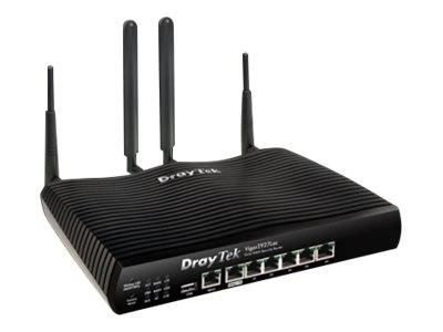Schwarzer DrayTek-Wireless-Router mit vier Antennen und mehreren Ethernet-Anschlüssen auf der Vorderseite.