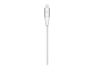 Weißes geflochtenes Ladekabel mit USB-C-Anschluss auf einfachem Hintergrund.