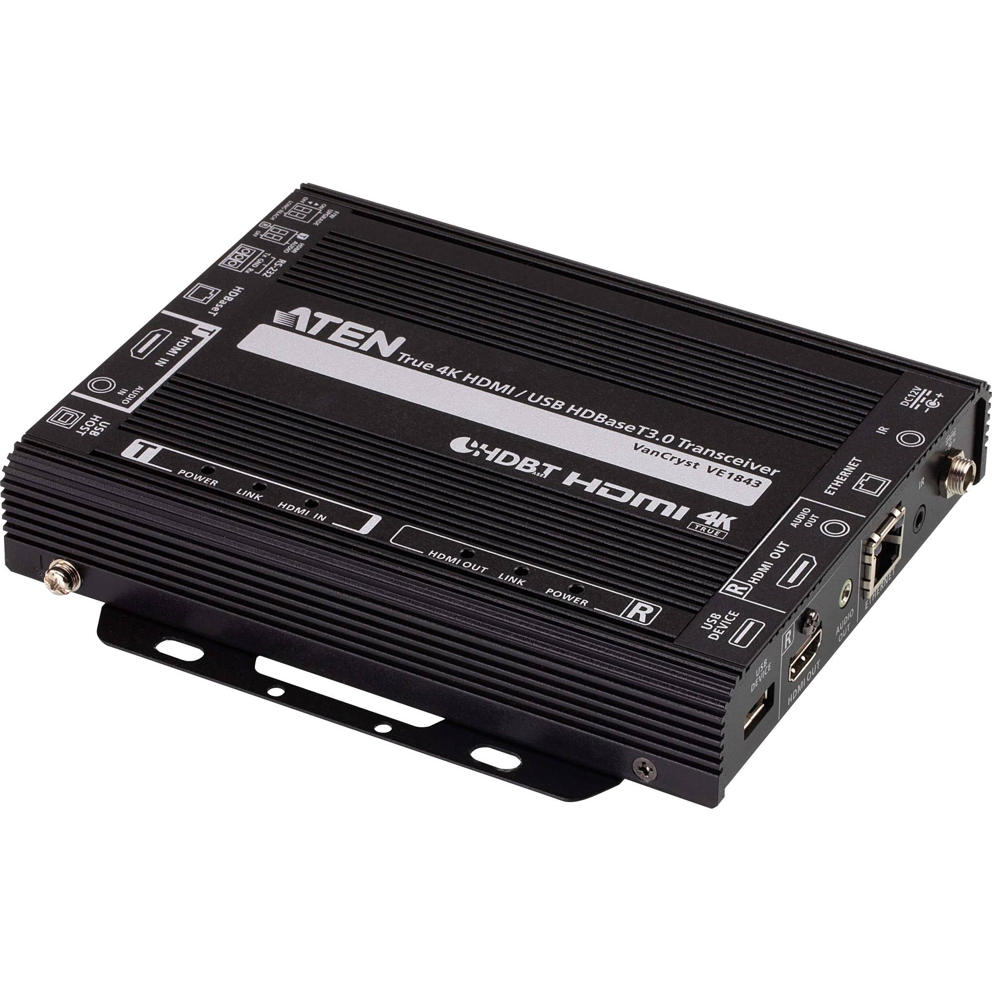 Schwarze ATEN 4K HDMI/USB HDBaseT Transceiver-Box mit beschrifteten Anschlüssen und Befestigungshalterung auf weißem Hintergrund.
