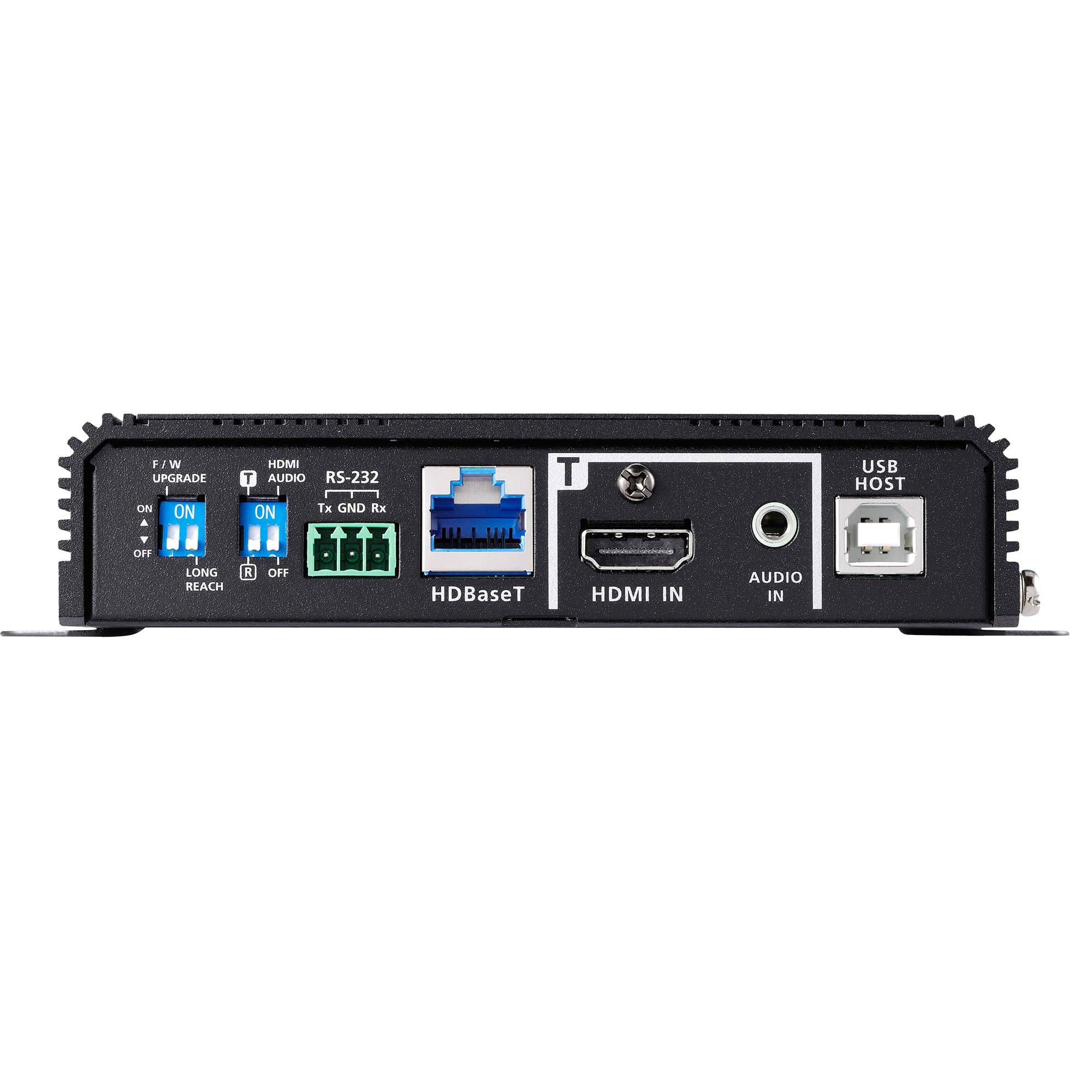Rückseite eines AV-Geräts mit beschrifteten Anschlüssen und Schaltern: F/W-Upgrade, HDMI, RS-232, HDBaseT, HDMI-Eingang, Audio-Eingang und USB-Host.