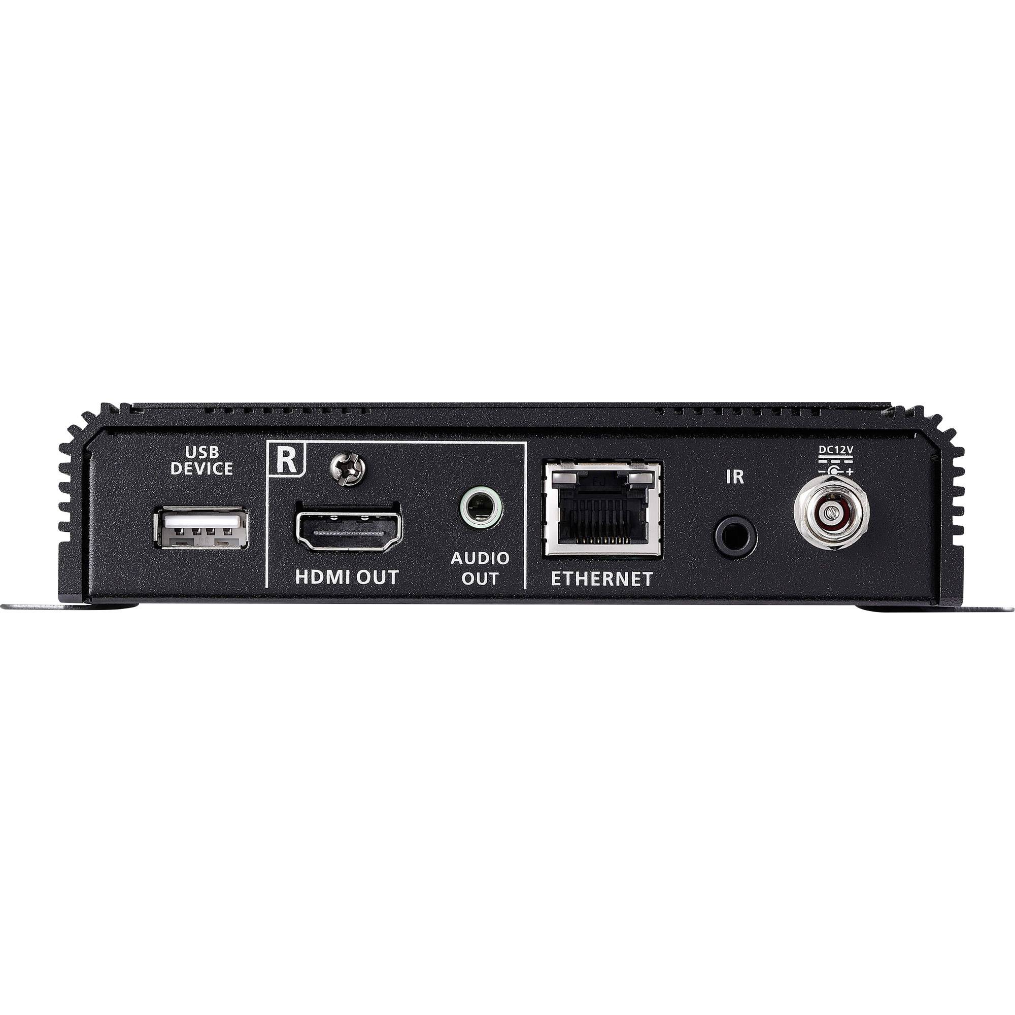 Rückansicht eines Geräts mit USB-Gerät, HDMI-Ausgang, Audioausgang, Ethernet, IR und 12V-Stromversorgungsanschlüssen.