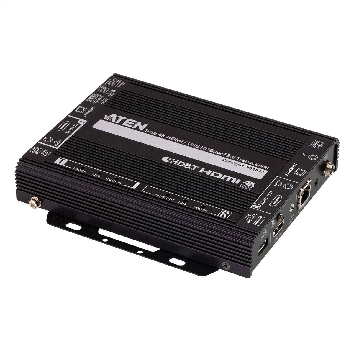 Schwarze ATEN 4K HDMI/USB HDBaseT Transceiver-Box mit Anschlüssen und Montageklammer, gezeigt auf weißem Hintergrund.
