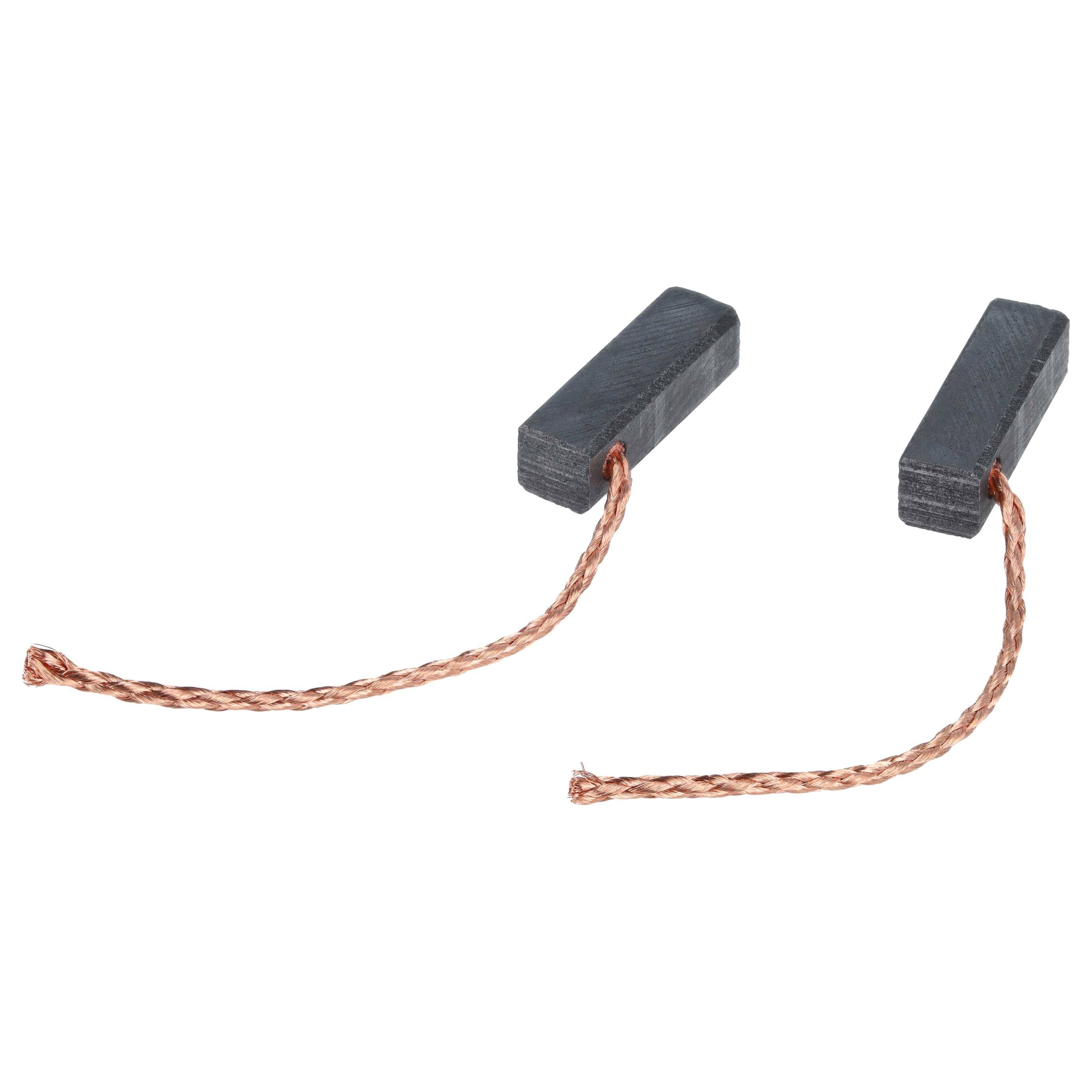 Zwei Kohlebürsten-Komponenten mit geflochtenen Kupferleitern auf weißem Hintergrund.