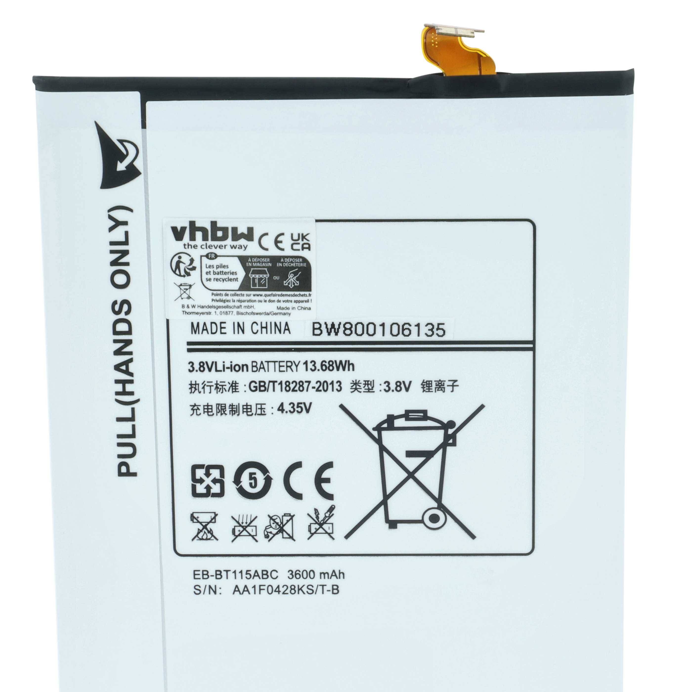 Smartphone-Akku mit Etikett, das eine Kapazität von 3600 mAh anzeigt, Modell EB-BT115ABC, 3,8V Li-Ionen-Akku, hergestellt in China. Symbol zeigt umweltgerechte Entsorgung an.