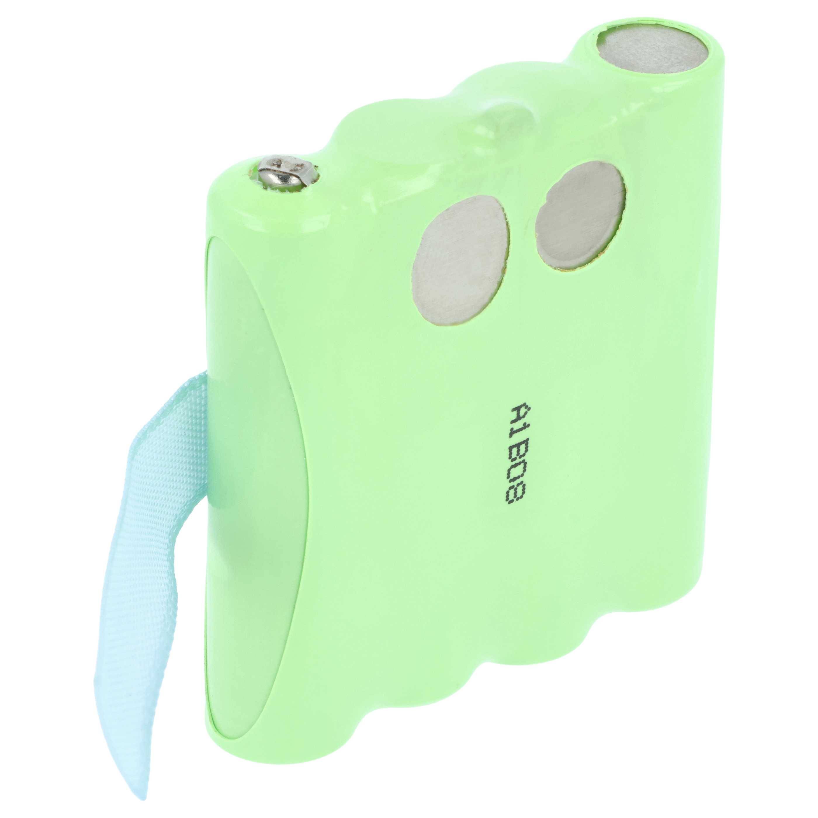 Ein grünes, rechteckiges Akkupaket mit zwei kreisrunden Anschlüssen und einem blauen Band an der Seite, mit der Beschriftung 'A1 B08'.