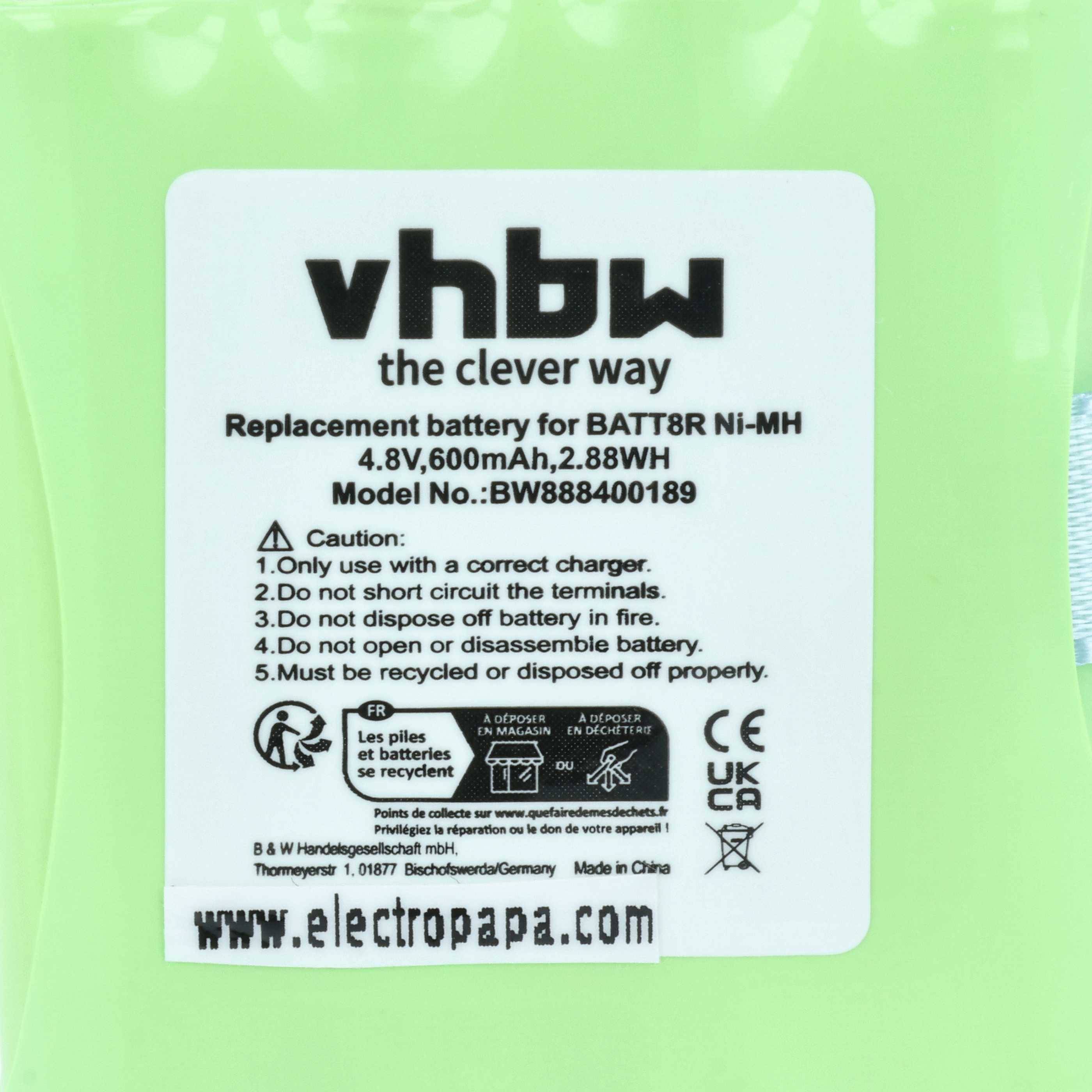 Grüner Akkupack mit Aufschrift 'vhbw'. Ersatzakku für BAT70818 Ni-MH, 8,4V, 600mAh, 2,88Wh. Anweisungen enthalten sachgemäße Verwendung und Entsorgung.