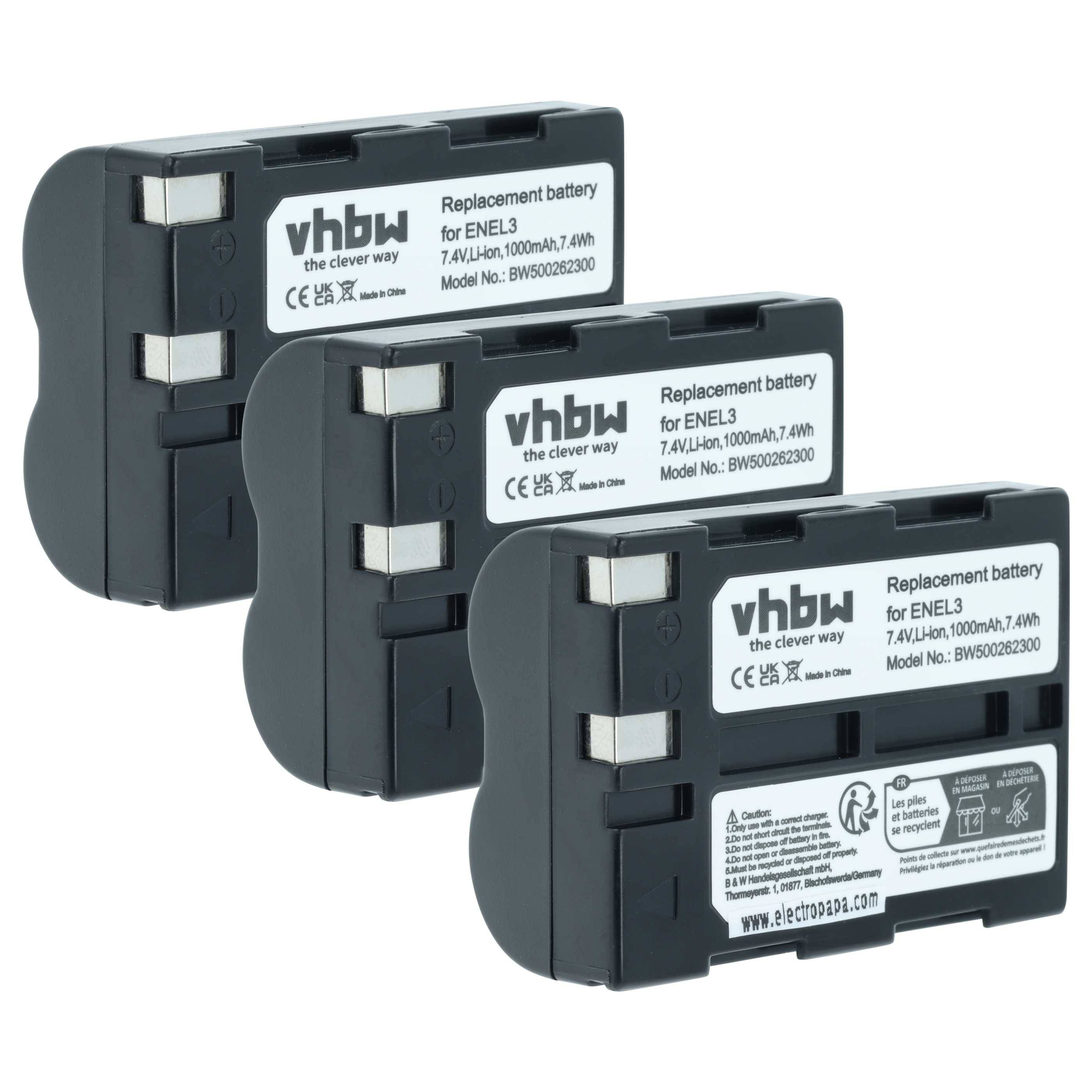 Drei schwarze vhbw Ersatzbatterien für EN-EL3, mit Etiketten mit Spezifikationen: 7,4V, 1100mAh, 7,7Wh.