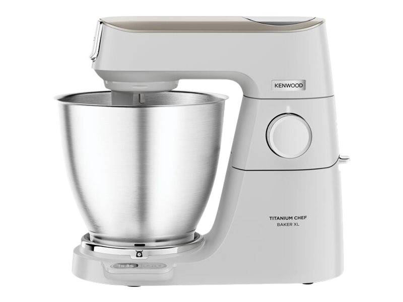 Weißer Kenwood Titanium Chef Baker XL Standmixer mit Edelstahlmischschüssel und Bedienregler auf weißem Hintergrund.