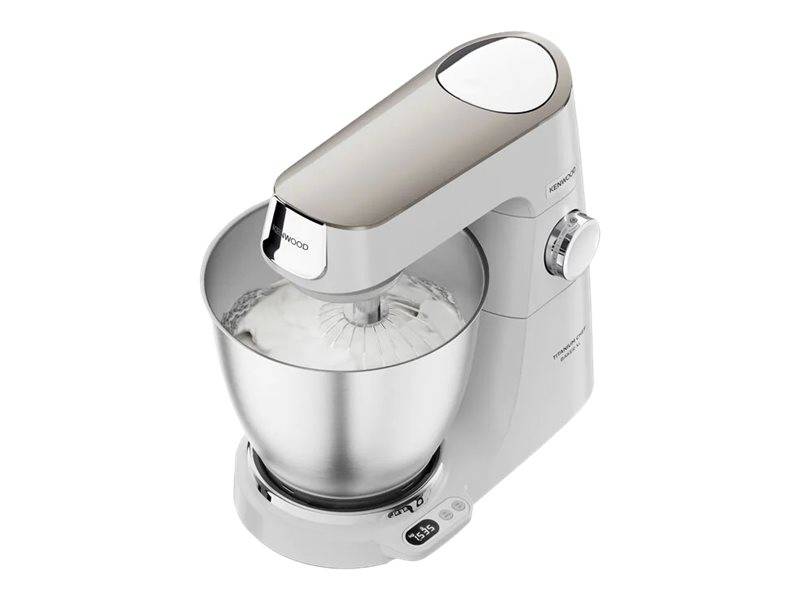 Ein weißer Standmixer für die Arbeitsplatte mit einer Edelstahl-Rührschüssel und Knethaken-Aufsatz, dargestellt vor einem einfachen Hintergrund.