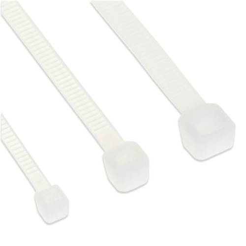 Drei weiße Kabelbinder in verschiedenen Größen, horizontal angeordnet, mit sichtbaren gerillten Oberflächen und Verriegelungsköpfen.