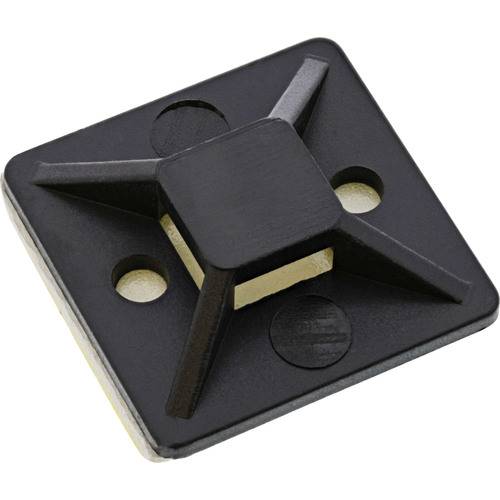 Eine schwarze Kunststoff-Klebstoff-Kabelhalterung mit quadratischer Basis und vier Schlitzen zur Befestigung von Kabeln, typischerweise zur Kabelorganisation verwendet.