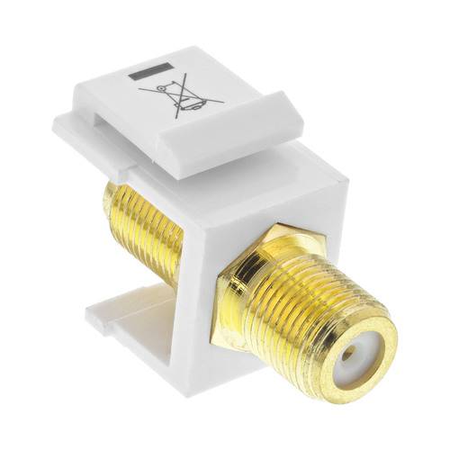 Ein vergoldeter koaxialer F-Stecker-Keystone-Einsatz mit weißem Kunststoffgehäuse, konzipiert für Home-Theater- und Netzwerkinstallationen.
