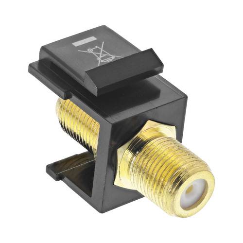 Koaxialkabel-Durchführungsstecker mit schwarzem quadratischem Paneel und vergoldetem Gewinde, verwendet für Netzwerk- oder Fernsehverbindungen.