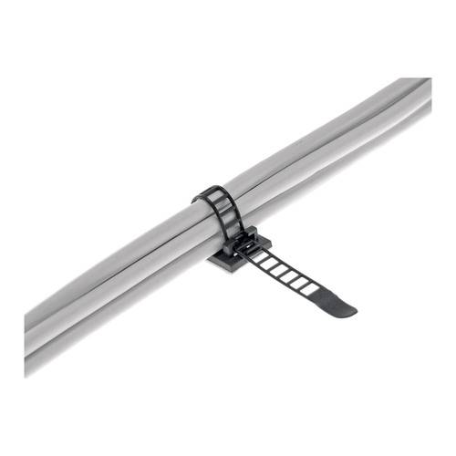 Ein schwarzes Kabelbinder, das ein graues Kabel an Ort und Stelle sichert, wobei der überschüssige Riemen nach außen ragt.