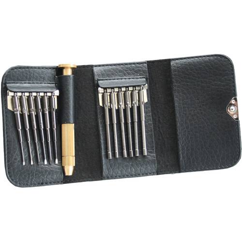 Ein schwarzes Leder-Werkzeugset mit einem Präzisions-Schraubendrehersatz mit goldenem Griff und mehreren ordentlich organisierten austauschbaren Bits.
