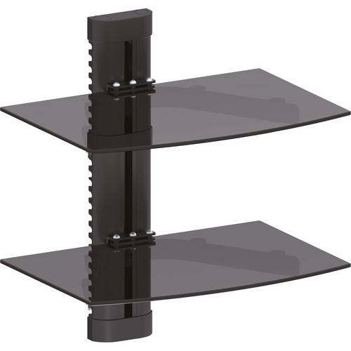 Eine schwarze Wandhalterung mit zwei Regalen aus gebogenem, transparentem Glas, entwickelt zum Halten von Elektronik- oder Mediengeräten an der Wand.