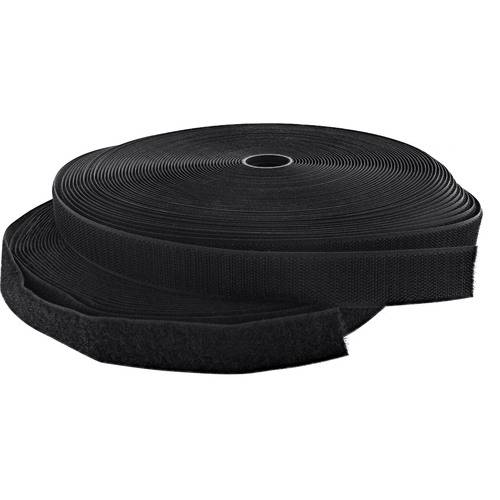 Eine Rolle schwarzes Klettband, leicht abgerollt, um beide Seiten zu zeigen.