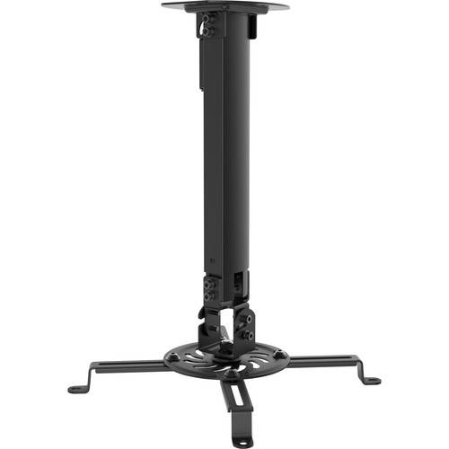 Ein schwarzer Deckenhalter aus Metall für Projektoren mit verstellbaren Armen und einer zentralen Stützstange, geeignet für den Heim- oder Bürogebrauch.