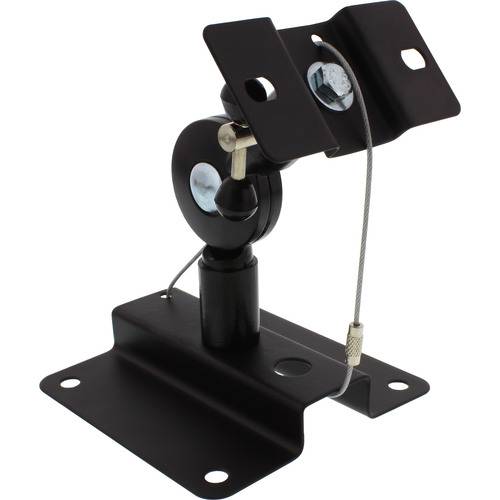 Verstellbare schwarze Metallhalterung mit Schwenkgelenken und sicherem Kabel, entworfen zum Halten oder Positionieren von kleinen Geräten oder Ausrüstungen.