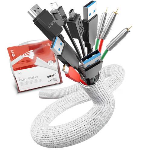 Kabelorganisationsschlauch mit verschiedenen Kabeln einschließlich HDMI, USB und Audiobuchsen, neben der Produktverpackungsbox, die die Anwendung zeigt.