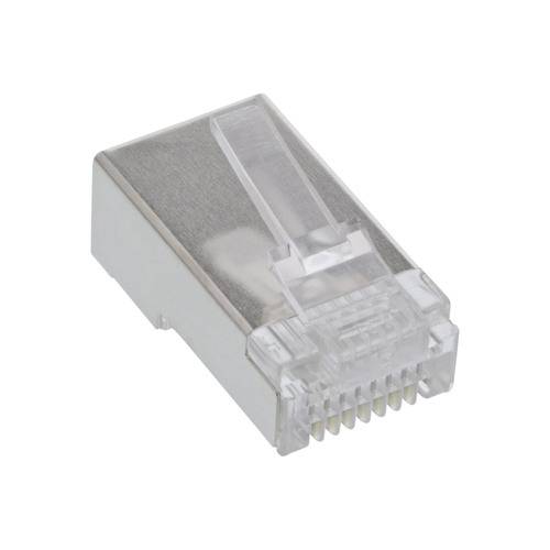 Ein RJ45-Ethernet-Stecker mit transparentem Kunststoffgehäuse und vergoldeten Kontakten für Netzwerkkabel.