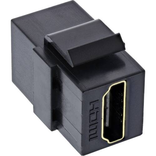 Ein schwarzer HDMI-Koppler mit einem Standard-HDMI-Buchsenanschluss auf der einen Seite und einem passenden Anschluss auf der anderen Seite, der zum Verbinden von HDMI-Kabeln verwendet wird.
