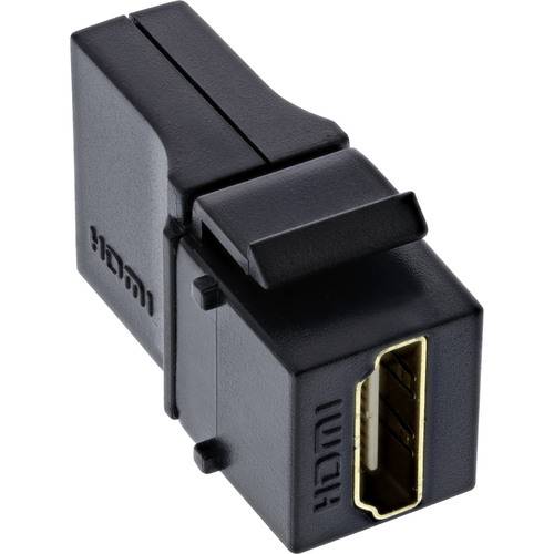 Ein schwarzer HDMI-Koppler mit Drehgelenk-Design, das flexible Winkelverstellungen ermöglicht, um HDMI-Kabel in beengten Räumen zu verbinden.