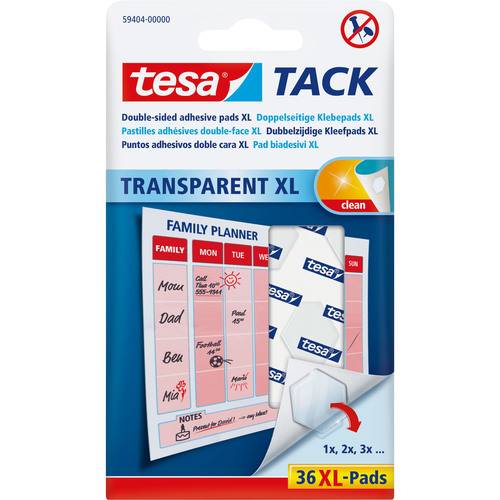 Verpackung für 'tesa TACK' transparente Klebepads. Zeigt einen Familienplaner mit Namen und Aktivitäten und hebt 36 XL-Pads hervor.