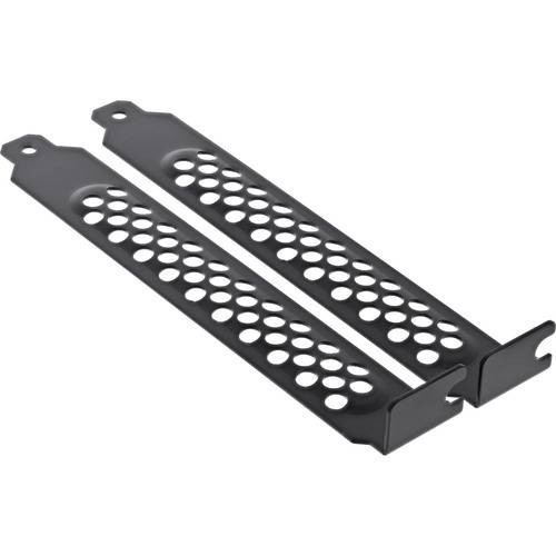 Zwei schwarze Metallkonsolen mit Perforationen, entwickelt zum Montieren oder Sichern von Ausrüstungen, auf weißem Hintergrund dargestellt.