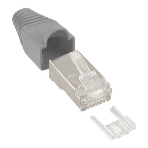Ein Ethernet-Steckerverbinder mit grauer Gummiabdeckung, hier in zerlegtem Zustand dargestellt.
