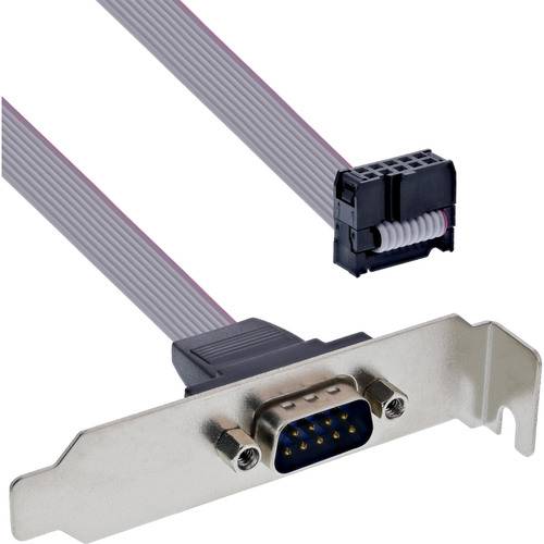 Eine Computerserialport-Halterung mit einem DB9-Stecker und angefügtem Flachbandkabel für die interne Verbindung zum Motherboard.