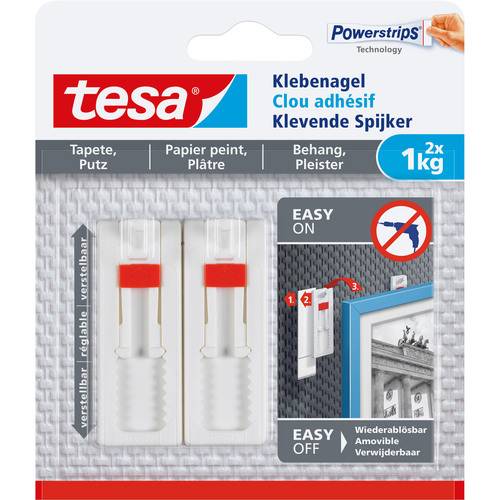 Verpackung von Tesa Klebebefestigungshaken mit 'Powerstrips Technology' zum Aufhängen von Gegenständen bis zu 1kg. Beinhaltet einfache Montage-/Demontageanleitungen.
