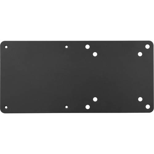 Eine rechteckige schwarze Metallplatte mit mehreren Löchern, die an verschiedenen Positionen angeordnet sind, möglicherweise zum Montieren oder Befestigen von Hardware.