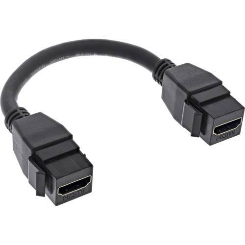 Ein kurzes HDMI-Verlängerungskabel mit Stecker und Buchse.