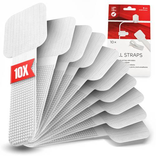 Packung mit 10 weißen Kabelbindern mit Klett- und Hakenverschlüssen zur Kabelorganisation. Die Verpackung im Hintergrund zeigt das Produkt bei der Verwendung.