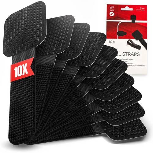 „Packung mit 10 schwarzen Kabelklettverschlüssen, fächerförmig ausgebreitet, verwendet zur Kabelorganisation. Produktetikett im Hintergrund mit Produktdetails.