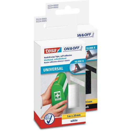 Verpackung von 'tesa ON & OFF' Klettband, selbstklebend, 1m x 20mm, weiß. Eigenschaften: universelle Verwendung zum Befestigen von Objekten.