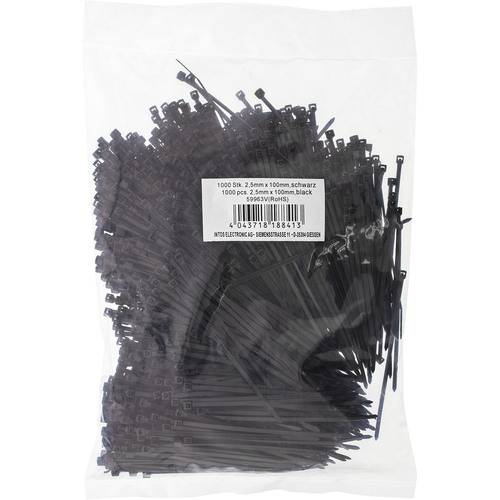 Eine transparente Tasche mit 1000 schwarzen Kabelbindern, gekennzeichnet mit Produktdetails und einem Barcode.