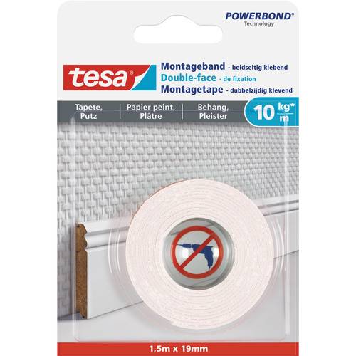 tesa Montageband, 1,5m x 19mm, für Tapeten und Putz, bis zu 10kg/m, weiß Installation / Reinigung