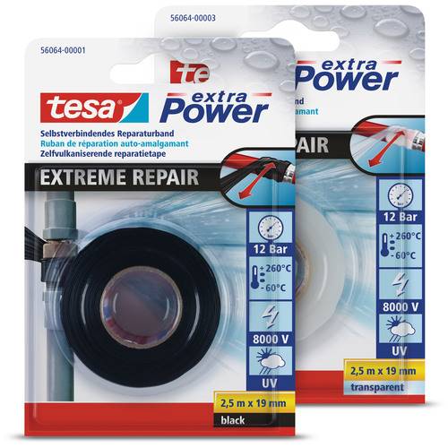 Zwei Packungen tesa extra Power Extreme Repair Klebeband in Schwarz und Transparent. Zu den Merkmalen gehören UV-Beständigkeit und ein Temperaturbereich bis zu 260°C.