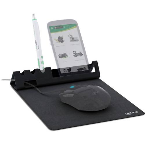 Ein Schreibtischorganizer mit einer Telefonhalterung, einem Stifthalter und einer Mousepad. Ein Telefon ist aufrecht positioniert und zeigt einen Einkaufsapp-Bildschirm.