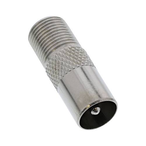 Ein Silber-Koaxialkabelstecker mit gerilltem Griff und Gewindelende, das zum Verbinden von Kabeln in AV-Systemen verwendet wird.
