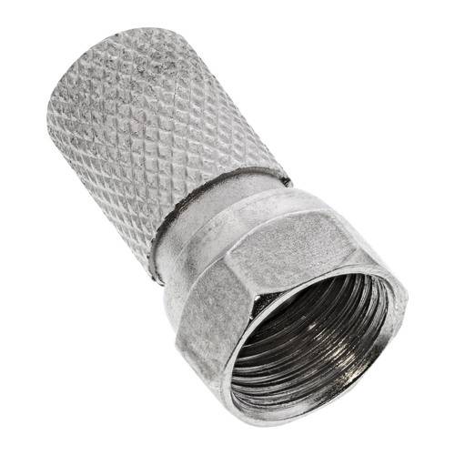 Ein metallischer koaxialer Kabelstecker mit gerilltem Griff und Gewindende, verwendet zum Sichern und Verbinden von Kabeln mit Geräten.