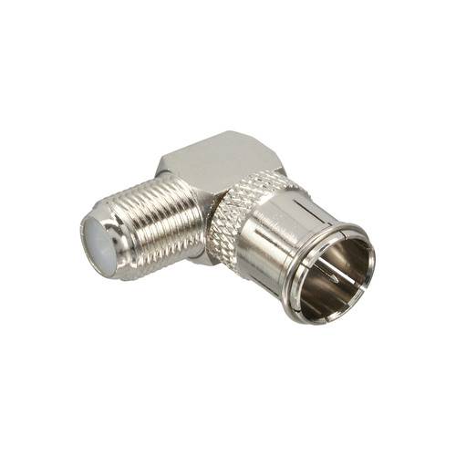 Ein Winkelstecker für Koaxialkabel mit metallischer Oberfläche, bestehend aus einem Stecker und einer Buchse, der für beengte Platzverhältnisse in elektronischen Installationen verwendet wird.
