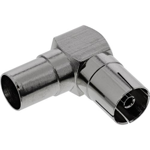 Ein metallischer rechtwinkliger koaxialer Stecker mit einem zylindrischen männlichen Ende.