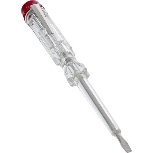 Ein durchsichtiger Griff-Flachkopfschraubendreher mit einem roten Streifen in der Nähe der Oberseite, typischerweise für Elektroarbeiten oder allgemeine Haushaltsaufgaben verwendet.